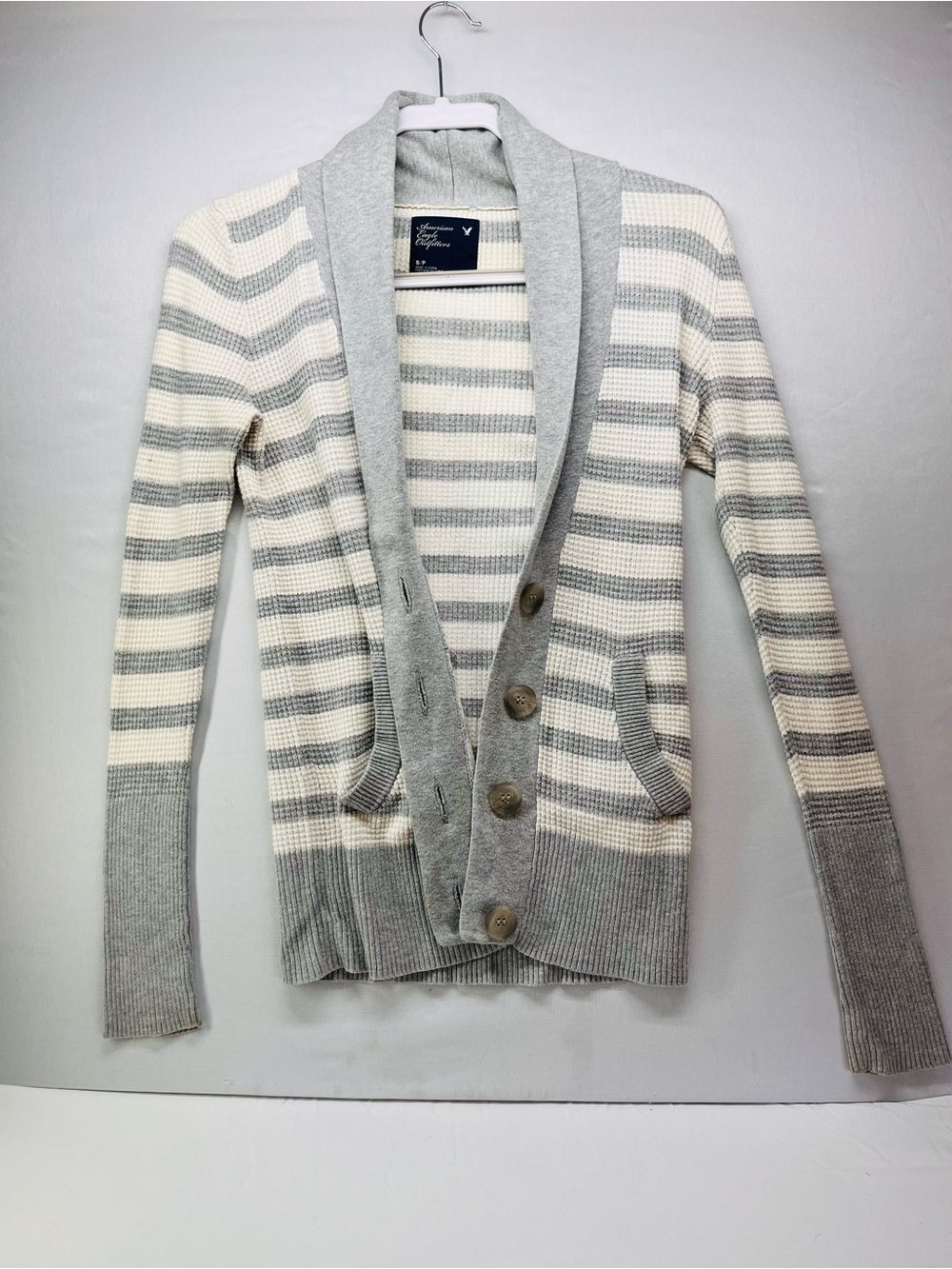 American Eagle Outfitters Gray & Cream Striped Shawl Collar‎ Cardigan